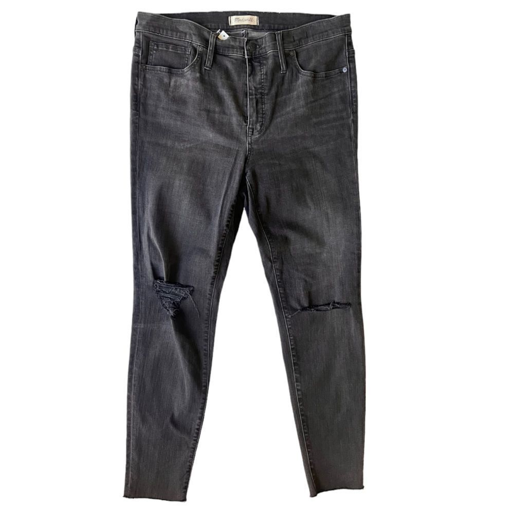 NWT Madewell Black Wash High Rise skinny Raw Hem Ripped Knees Jeans sz 33